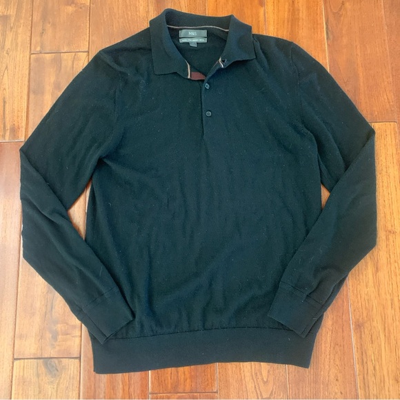 M&S Navy Blue Merino Wool Extra Fine Knit Long Sleeve Polo Shirt Sweater Size M - Picture 1 of 9